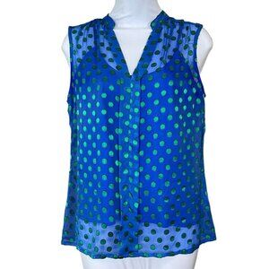 C Wonder Sleeveless Sheer Split Neck Green Polka Dot Pleat Blouse Camisole Small